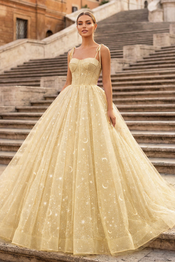 Champagne Tulle Straps Floor Length Evening Dress, Lavender A-Line Prom Dress - KISSPROM PROM DRESSES