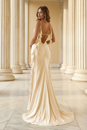 KissProm-Champagne Spaghetti Straps Mermaid Satin Ruffled Long Prom Dresses With Slit