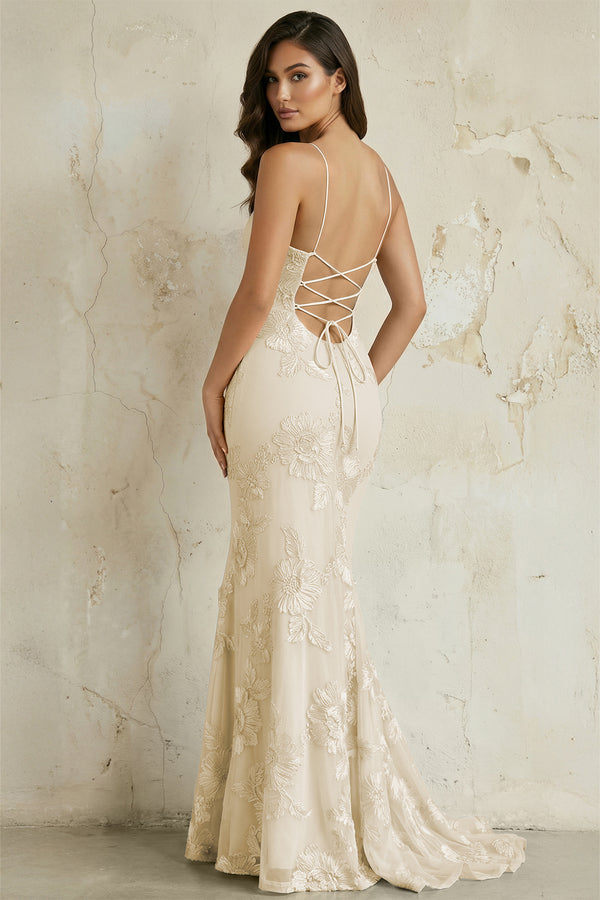 KissProm-Champagne Spaghetti Straps Mermaid Tulle Long Prom Dresses With Appliques