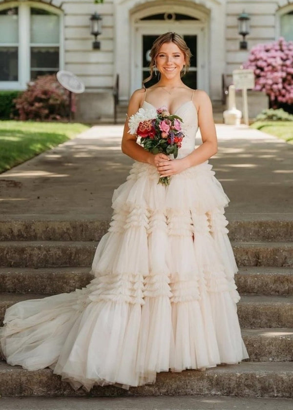 A-Line Spaghetti Straps Long Tiered Tulle Prom Dress with Split, Champagne / 2