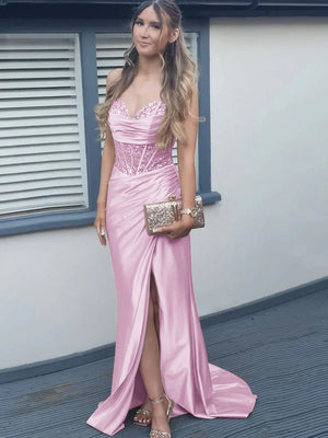 Chari | Mermaid Pink Off Shoulder Sheer Corset Rhinestone Long Prom Dress with Slit
