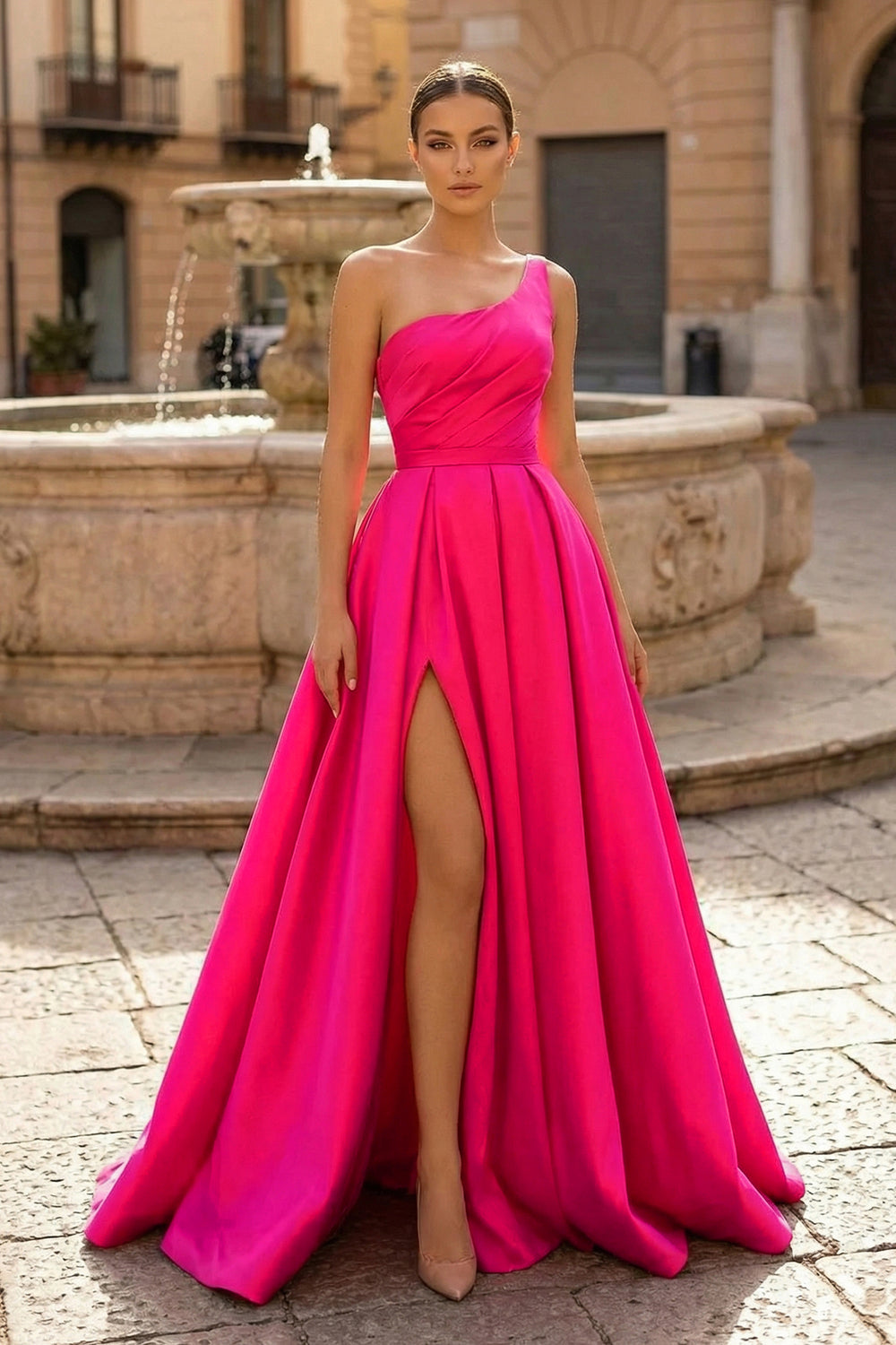  Charming A Line One Shoulder Fuchsia Satin Long Prom Dresses with Slit