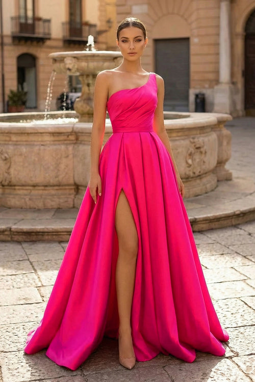  Charming A Line One Shoulder Fuchsia Satin Long Prom Dresses with Slit