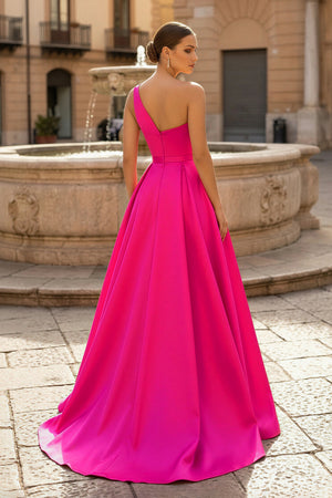  Charming A Line One Shoulder Fuchsia Satin Long Prom Dresses with Slit