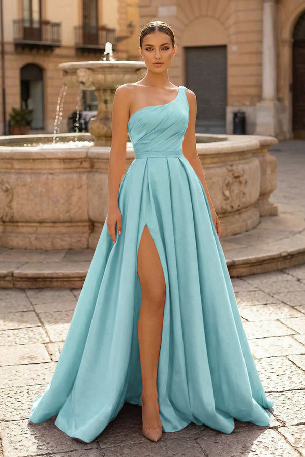  Charming A Line One Shoulder Fuchsia Satin Long Prom Dresses with Slit