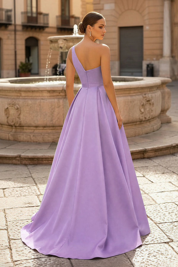  Charming A Line One Shoulder Fuchsia Satin Long Prom Dresses with Slit