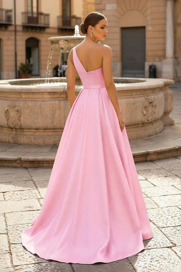  Charming A Line One Shoulder Fuchsia Satin Long Prom Dresses with Slit
