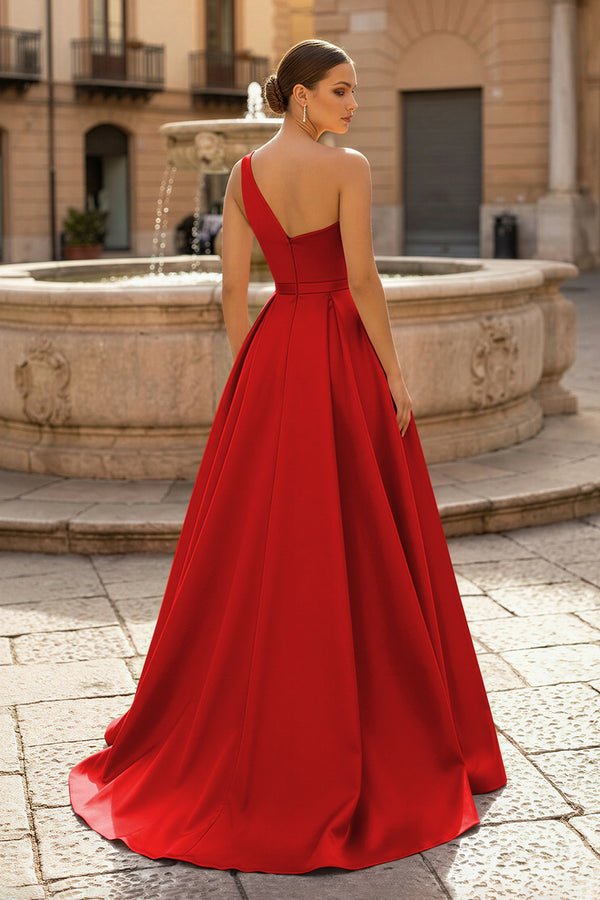  Charming A Line One Shoulder Fuchsia Satin Long Prom Dresses with Slit