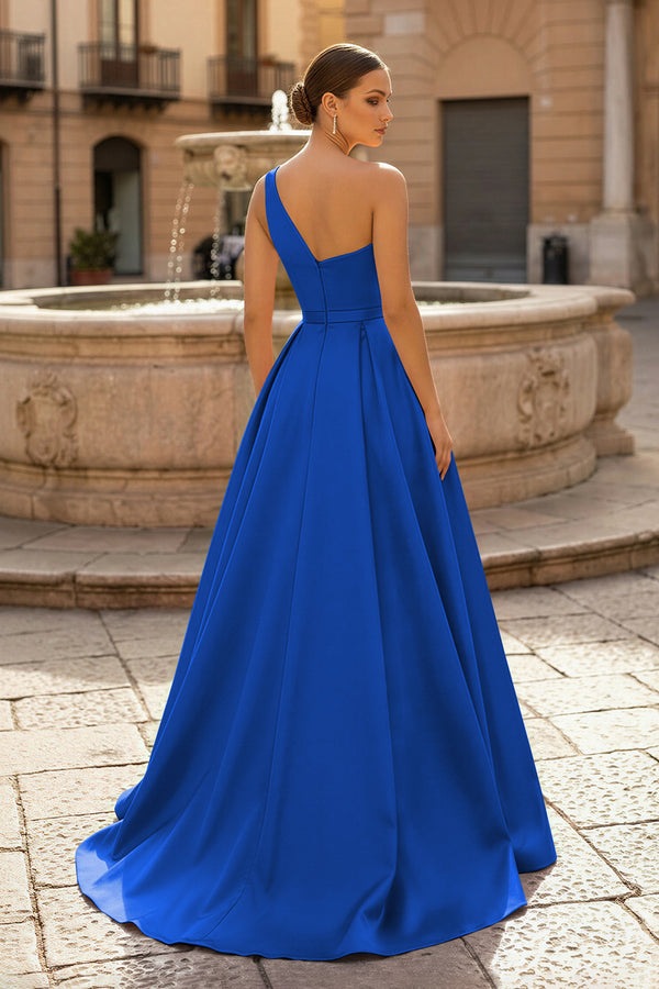  Charming A Line One Shoulder Fuchsia Satin Long Prom Dresses with Slit