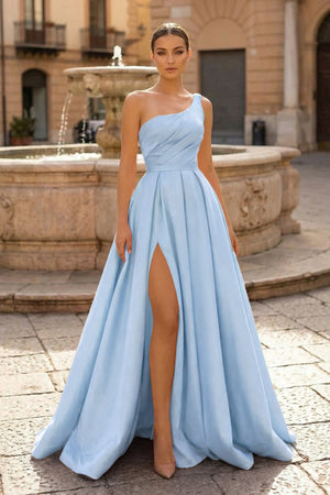  Charming A Line One Shoulder Fuchsia Satin Long Prom Dresses with Slit