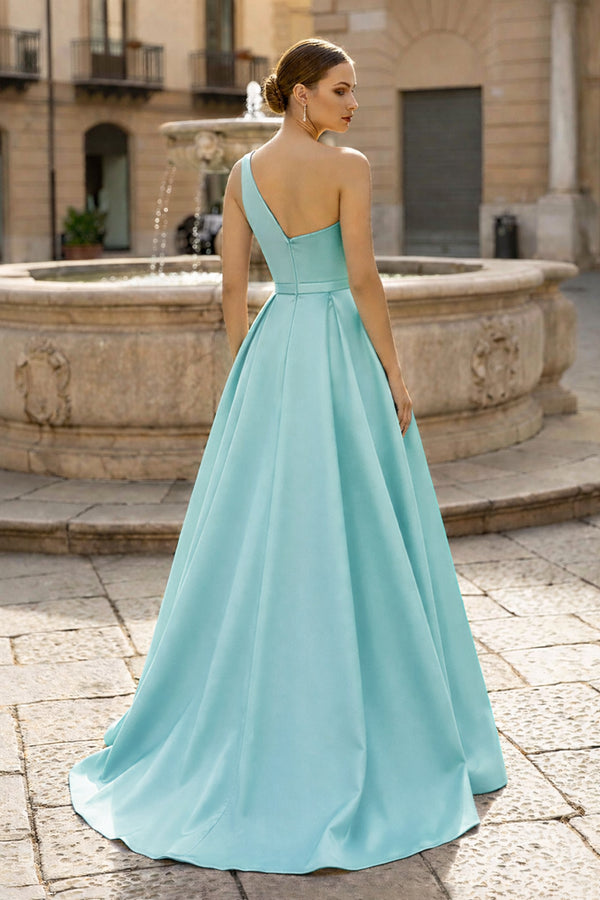  Charming A Line One Shoulder Fuchsia Satin Long Prom Dresses with Slit