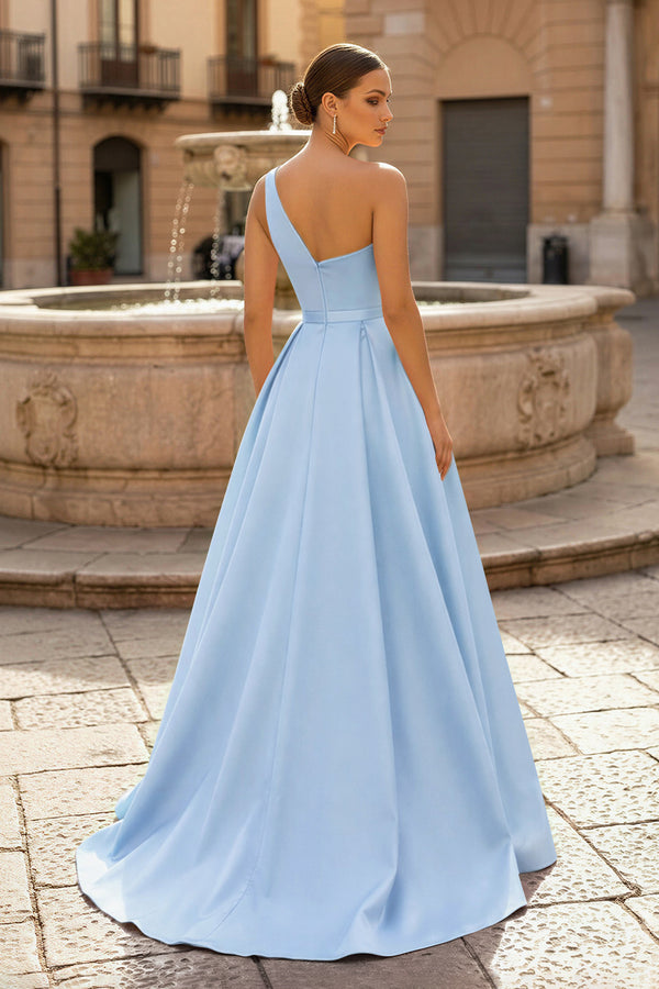  Charming A Line One Shoulder Fuchsia Satin Long Prom Dresses with Slit