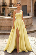  Charming A Line One Shoulder Fuchsia Satin Long Prom Dresses with Slit