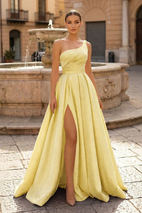  Charming A Line One Shoulder Fuchsia Satin Long Prom Dresses with Slit