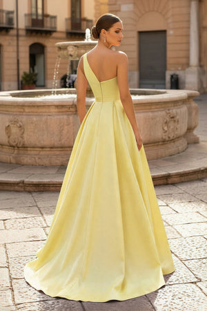  Charming A Line One Shoulder Fuchsia Satin Long Prom Dresses with Slit