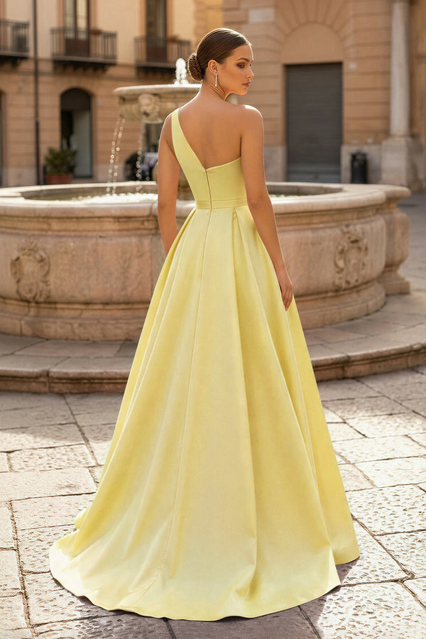  Charming A Line One Shoulder Fuchsia Satin Long Prom Dresses with Slit