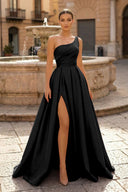  Charming A Line One Shoulder Fuchsia Satin Long Prom Dresses with Slit