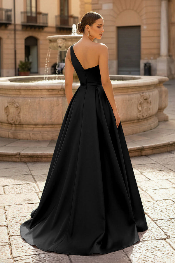  Charming A Line One Shoulder Fuchsia Satin Long Prom Dresses with Slit