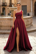  Charming A Line One Shoulder Fuchsia Satin Long Prom Dresses with Slit