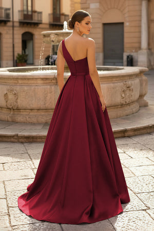  Charming A Line One Shoulder Fuchsia Satin Long Prom Dresses with Slit