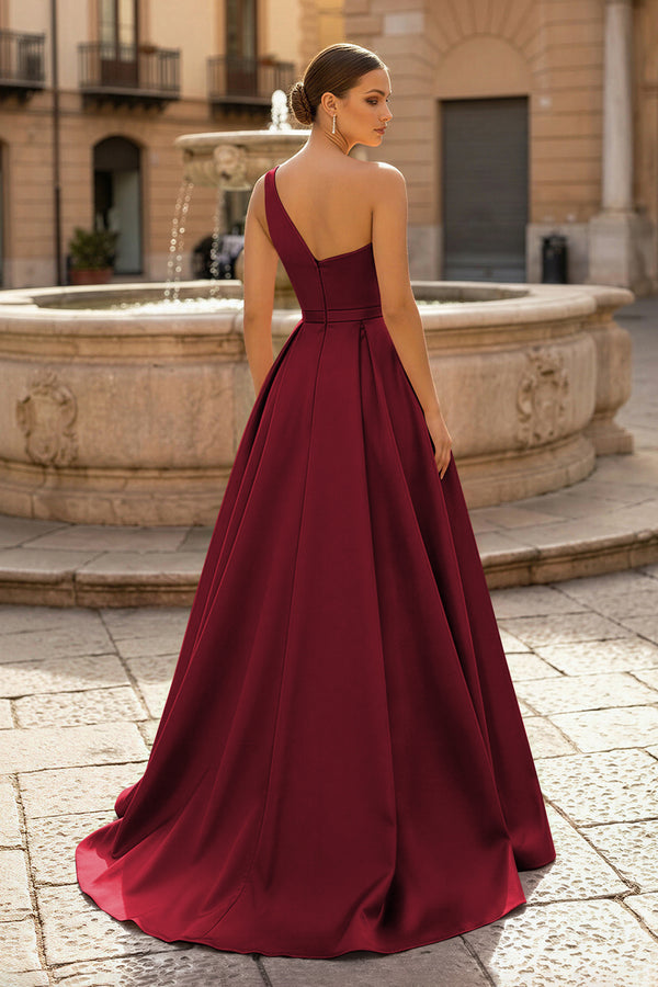  Charming A Line One Shoulder Fuchsia Satin Long Prom Dresses with Slit