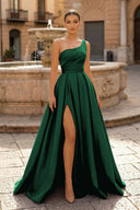  Charming A Line One Shoulder Fuchsia Satin Long Prom Dresses with Slit