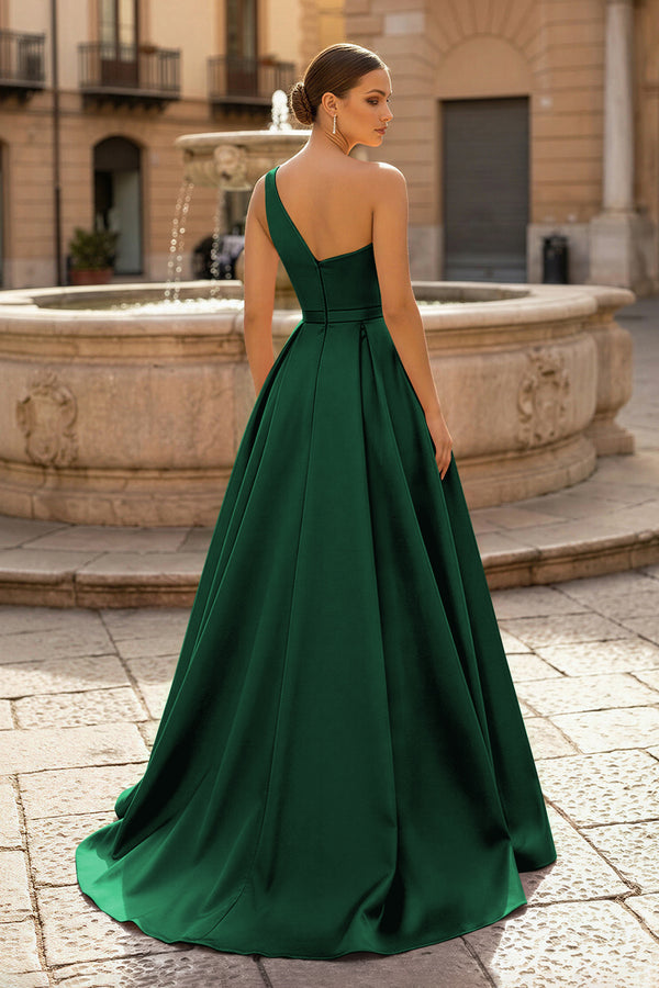  Charming A Line One Shoulder Fuchsia Satin Long Prom Dresses with Slit