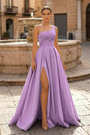  Charming A Line One Shoulder Fuchsia Satin Long Prom Dresses with Slit
