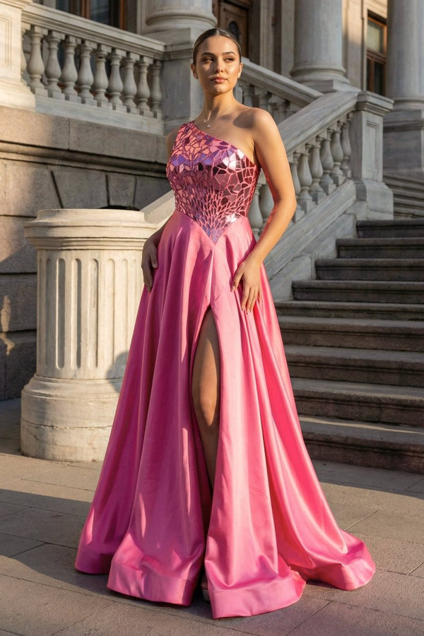 A Line One Shoulder Sequins Long Prom Dress with Slit - KissProm