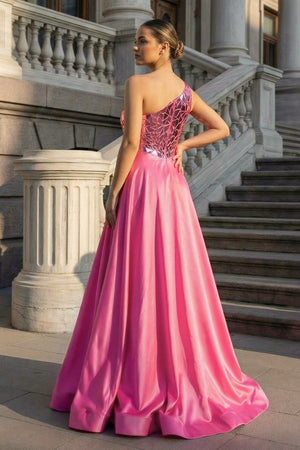 A Line One Shoulder Sequins Long Prom Dress with Slit - KissProm
