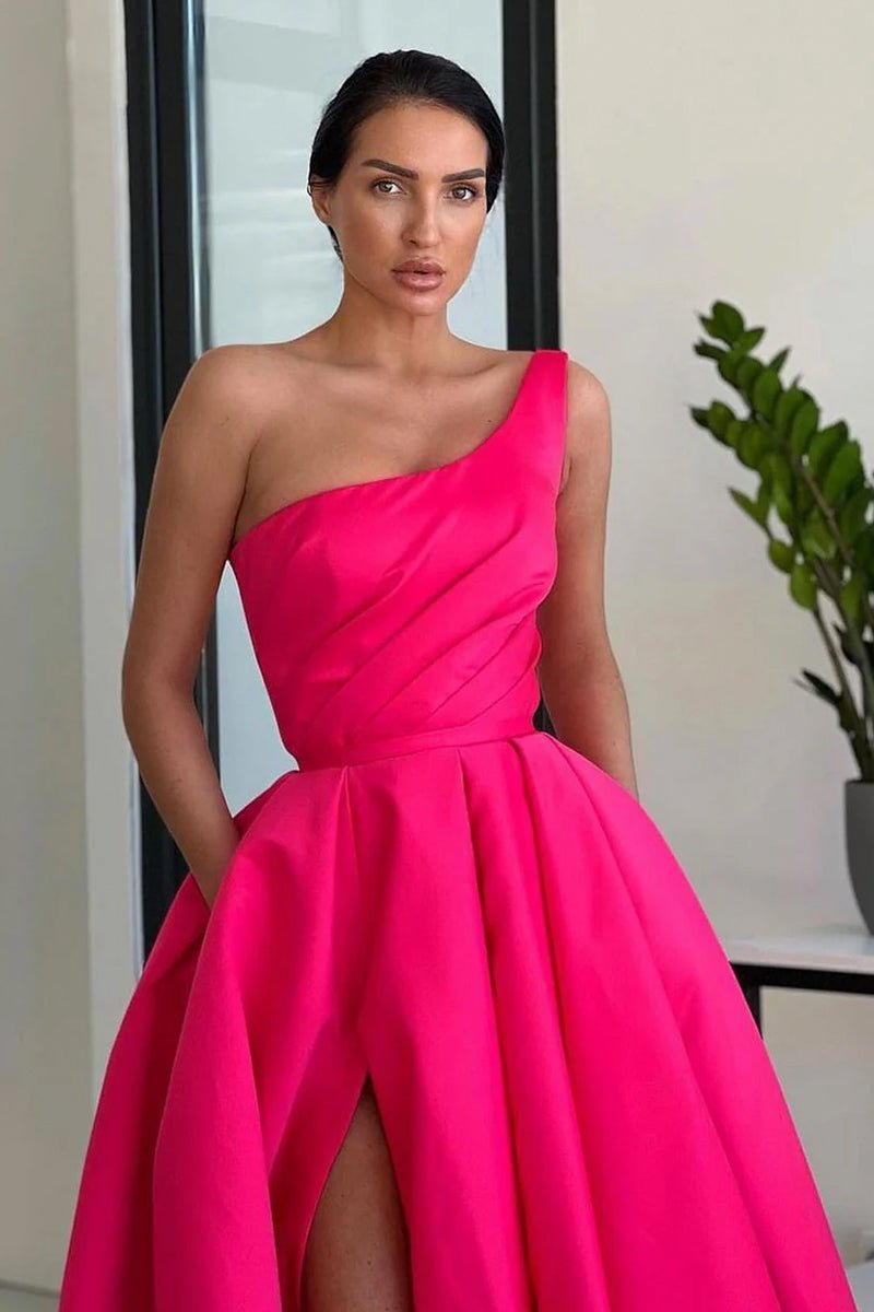 Ariella | Charming A Line One Shoulder Fuchsia Sequins Long Prom Dresses with Slit