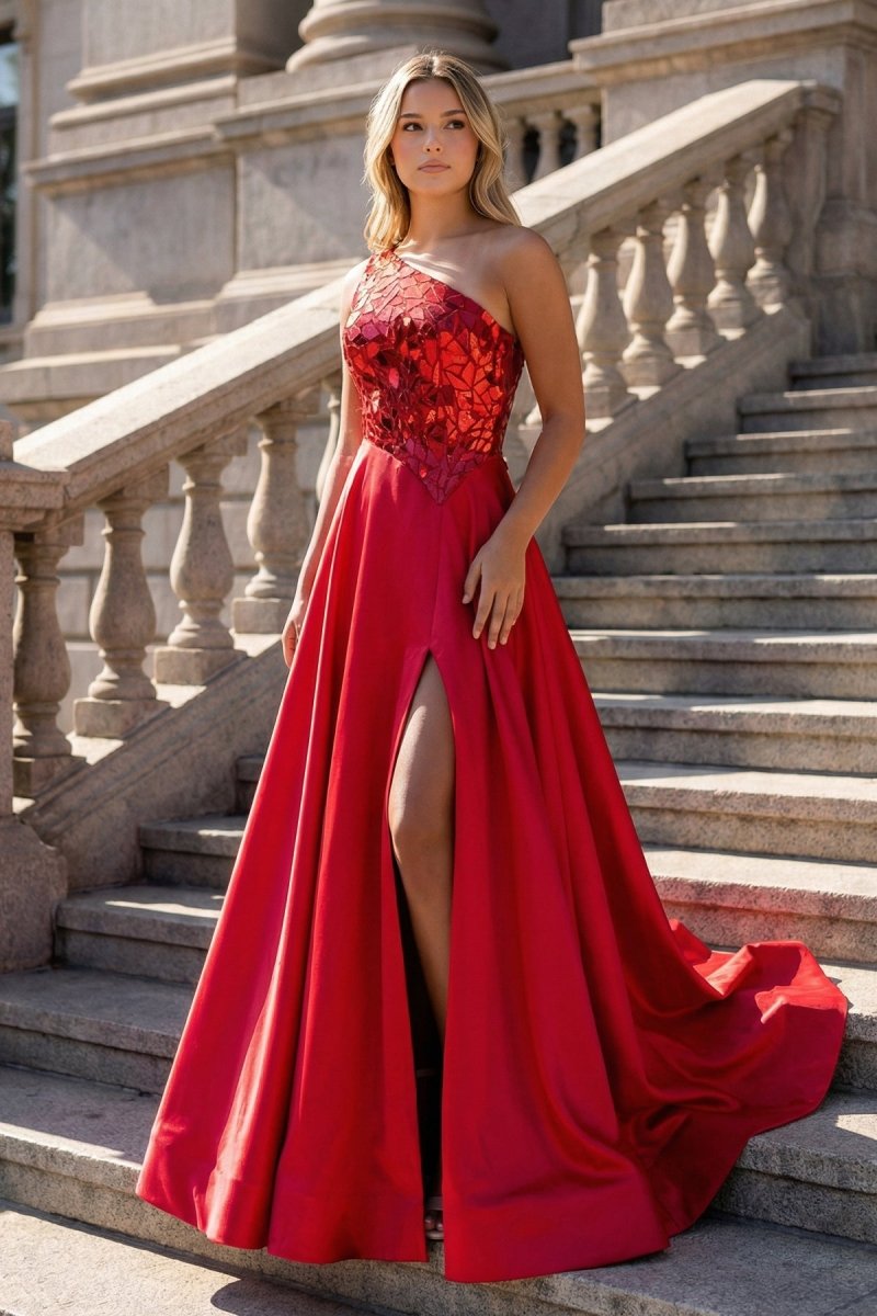 KissProm A Line One Shoulder Sequins Long Prom Dress with Slit, Red / 10