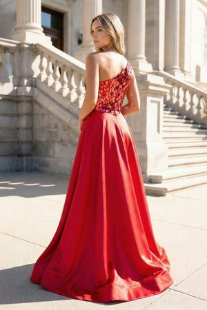 A Line One Shoulder Sequins Long Prom Dress with Slit - KissProm