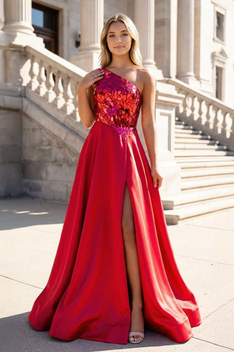 KissProm A Line One Shoulder Sequins Long Prom Dress with Slit, Red / 10