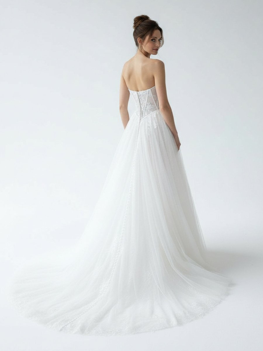 Charming A - Line Strapless Tulle Lace Wedding Dresses - KissProm