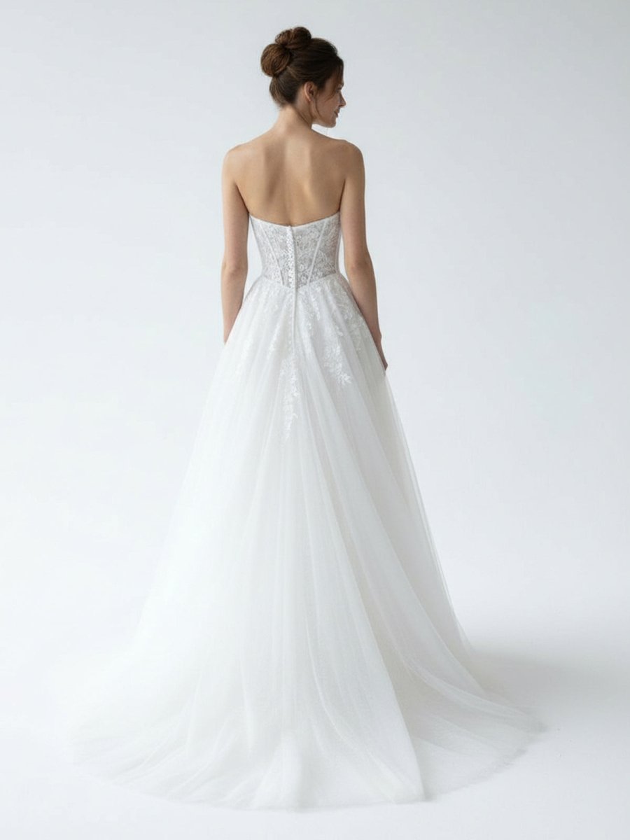 Charming A - Line Strapless Tulle Lace Wedding Dresses - KissProm