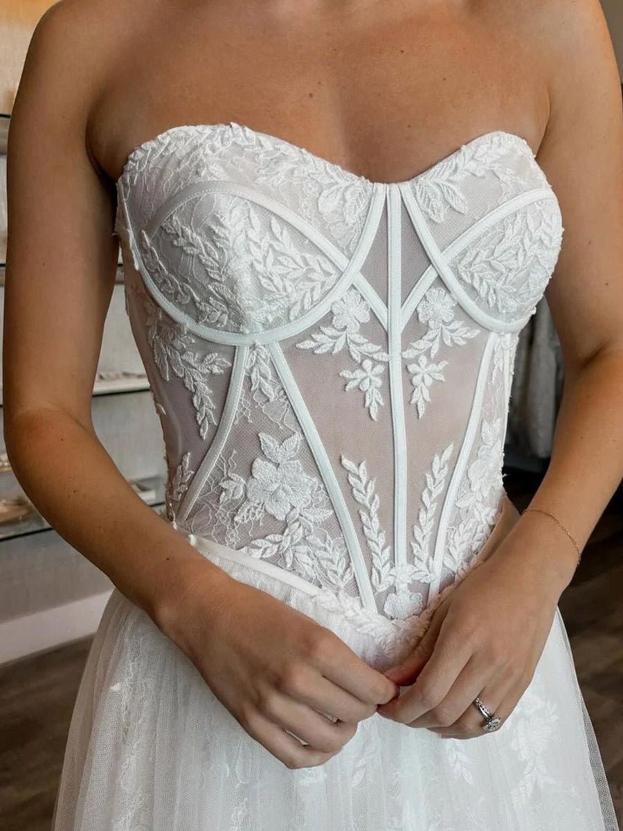 Charming A - Line Strapless Tulle Lace Wedding Dresses - KissProm