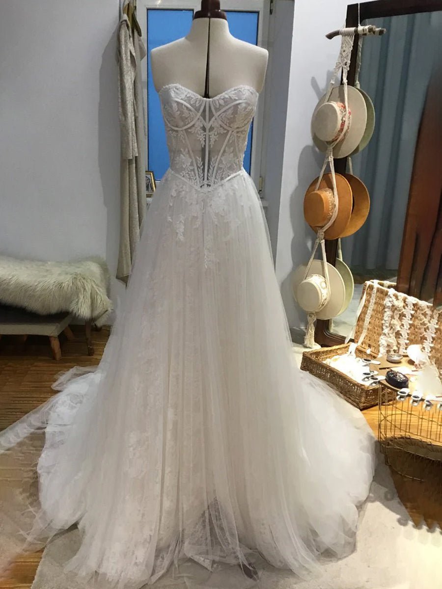 Charming A - Line Strapless Tulle Lace Wedding Dresses - KissProm