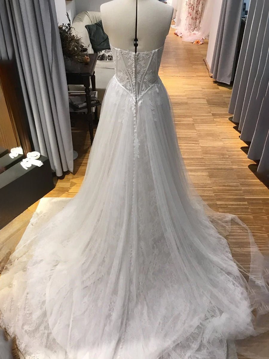 Charming A - Line Strapless Tulle Lace Wedding Dresses - KissProm