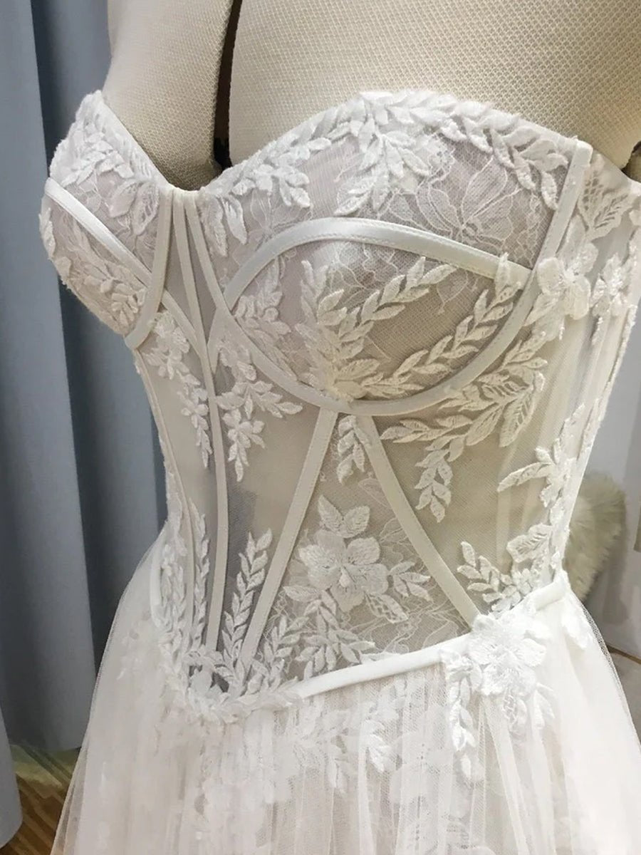 Charming A - Line Strapless Tulle Lace Wedding Dresses - KissProm