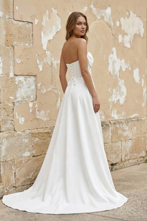 Jane | A-Line Strapless White Satin Wedding Dresses with Slit-KissProm