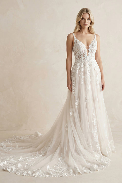 Charming A Line V Neck Tulle Wedding Dresses with Appliques – Wedding Dresses by KissProm | Available at KissProm