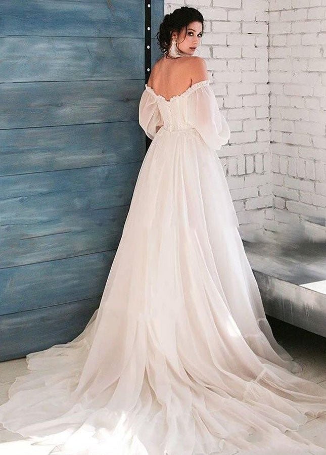 White Bohemian Unique Sweetheart Long-Sleeve Wedding Dresses