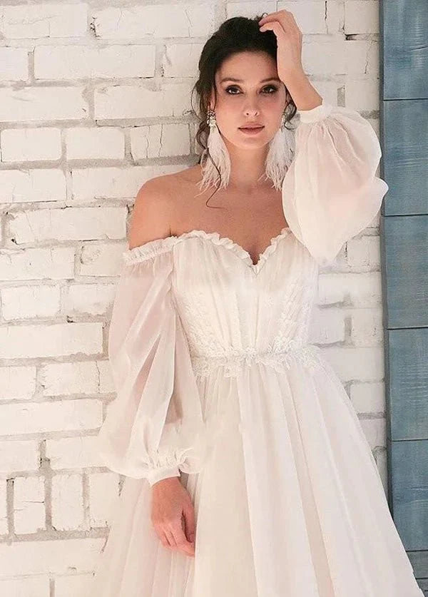 White Bohemian Unique Sweetheart Long-Sleeve Wedding Dresses White Bohemian Unique Sweetheart Long-Sleeve Wedding Dresses