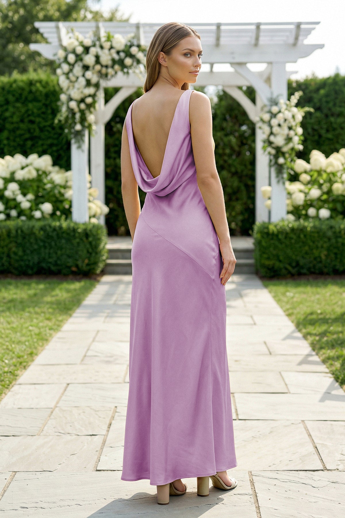 open lace back dress Mermaid Purple Satin Off The Shoulder Split Gown main image 1