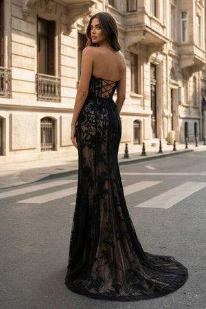 KissProm- Mermaid Strapless Lace Prom Dress with Slit