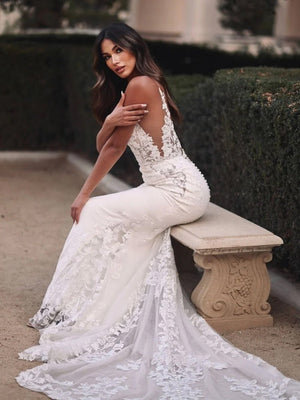 Mermaid V Neck Satin Wedding Dresses with Lace Appliques – Wedding Dresses by Kissprom | Available at KissProm