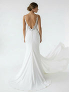 Mermaid V Neck Satin Wedding Dresses with Lace Appliques - KissProm