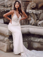 Mermaid V Neck Satin Wedding Dresses with Lace Appliques - KissProm
