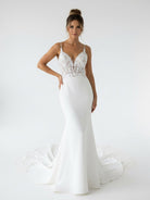 Mermaid V Neck Satin Wedding Dresses with Lace Appliques - KissProm